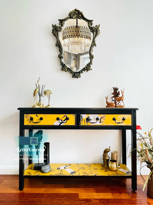 Oriental/chinese bird design yellow and gold console table