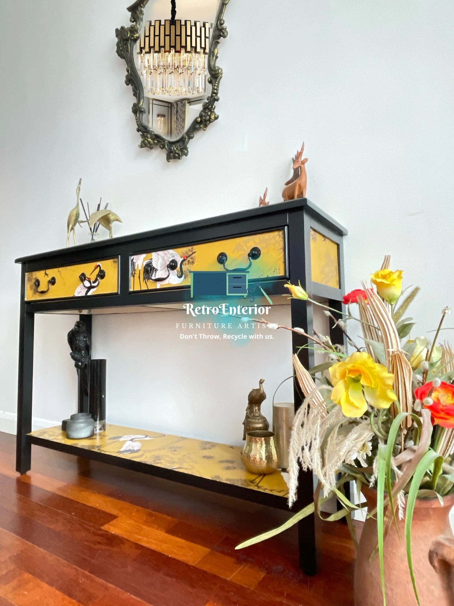 Oriental/chinese bird design yellow and gold console table