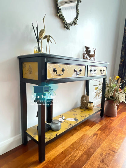 Oriental/chinese bird design yellow and gold console table