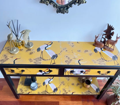 Oriental/chinese bird design yellow and gold console table