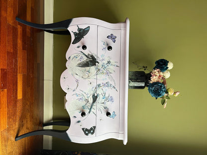 Oriental design Lilac/ blue upcycled bombe chest of drawers