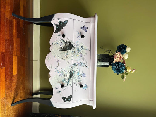 Oriental design Lilac/ blue upcycled bombe chest of drawers