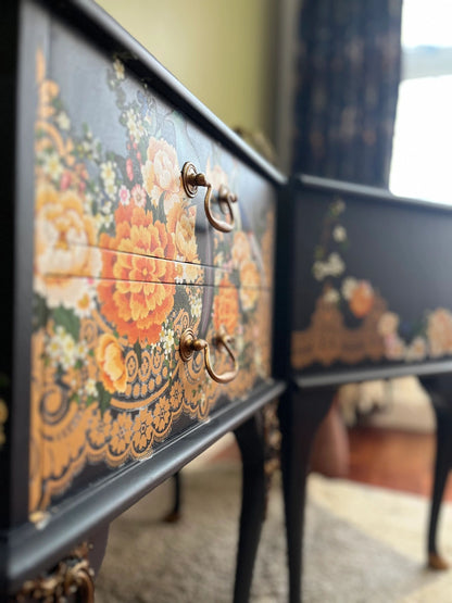 Pair of Blue French upcycled Bedside table with Pheasants and peonies design.