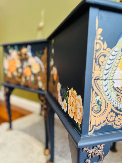 Pair of Blue French upcycled Bedside table with Pheasants and peonies design.