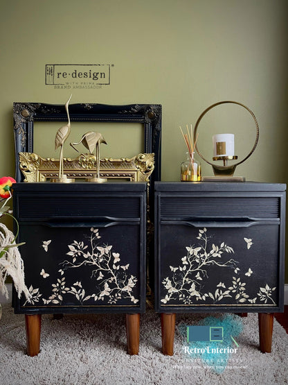 Pair of Vintage Bedside Tables – Coal Black & Dark Walnut with Floral Butterfly Front