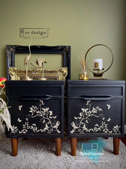Pair of Vintage Bedside Tables – Coal Black & Dark Walnut with Floral Butterfly Front