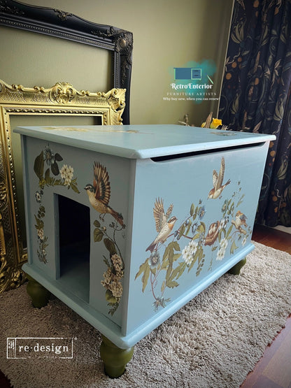 Repurposed Blanket Box – Cat Litter Tray Hiding Cabinet in Light Blue & Green with Floral Bird Design