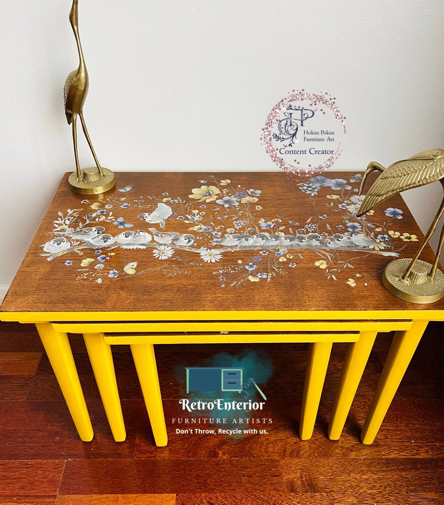 Retro yellow floral/bird wooden nest of tables