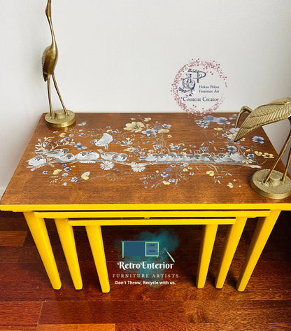 Retro yellow floral/bird wooden nest of tables