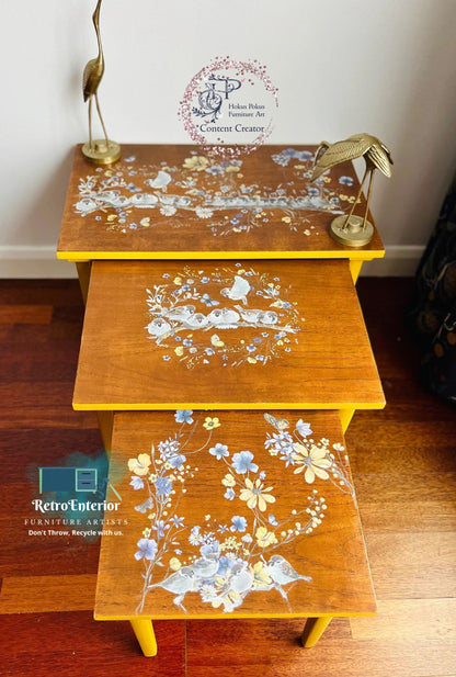Retro yellow floral/bird wooden nest of tables