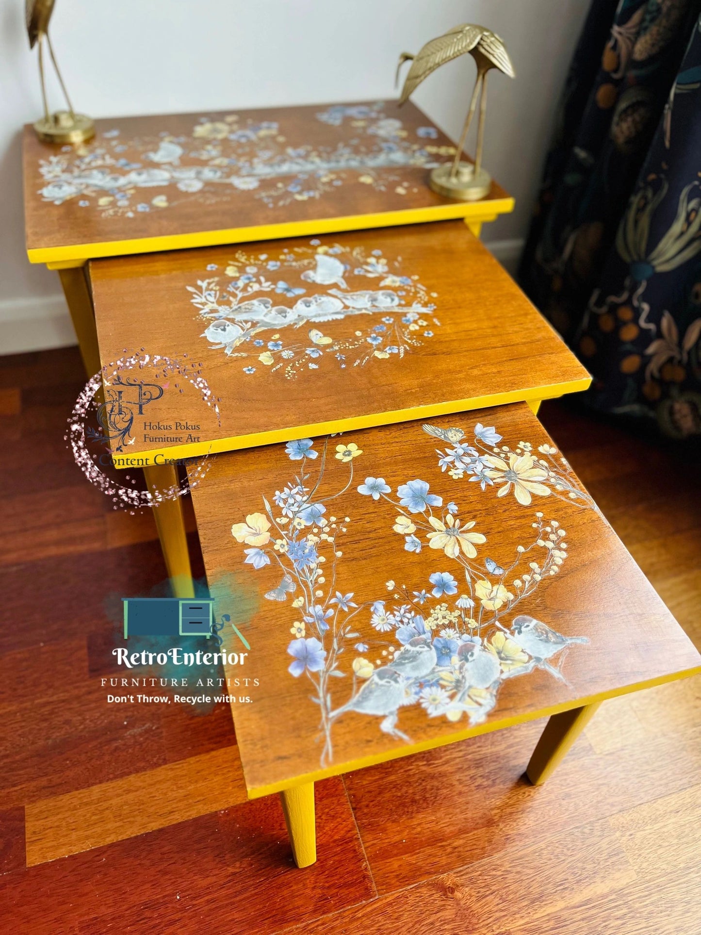 Retro yellow floral/bird wooden nest of tables
