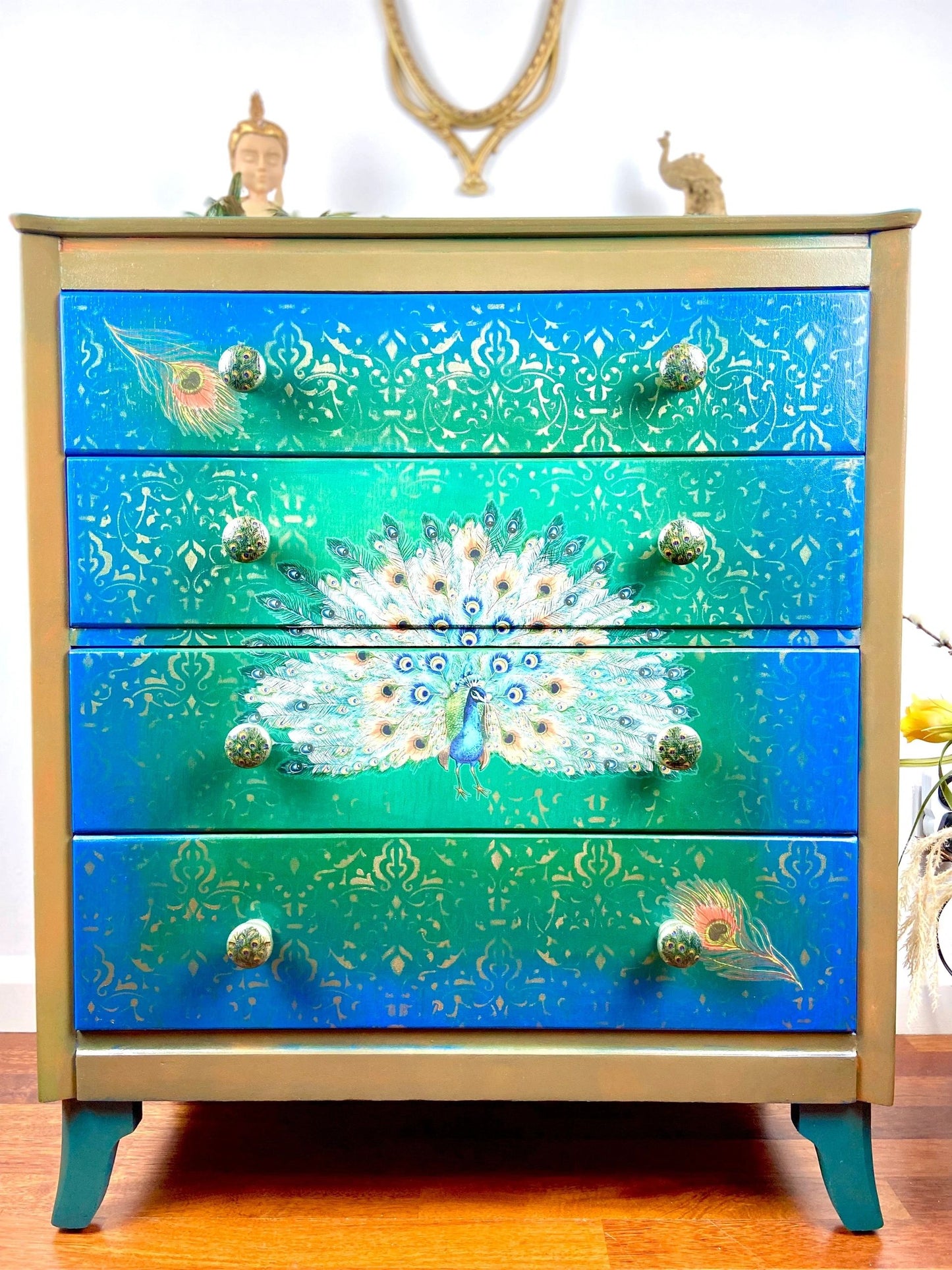 Stunning Ombré finished Stenciled Peacock Chest of drawer from Lebus