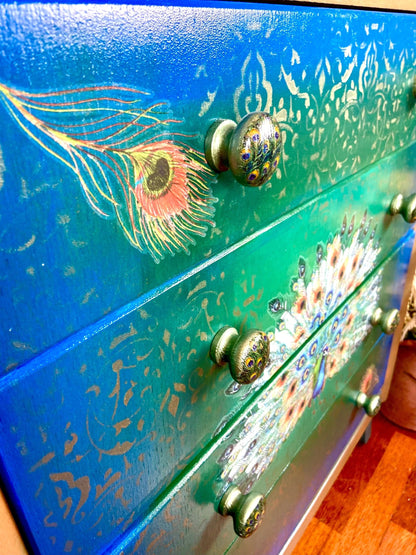 Stunning Ombré finished Stenciled Peacock Chest of drawer from Lebus