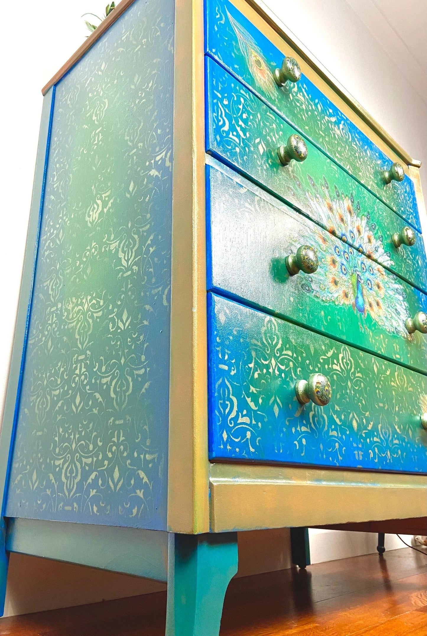 Stunning Ombré finished Stenciled Peacock Chest of drawer from Lebus