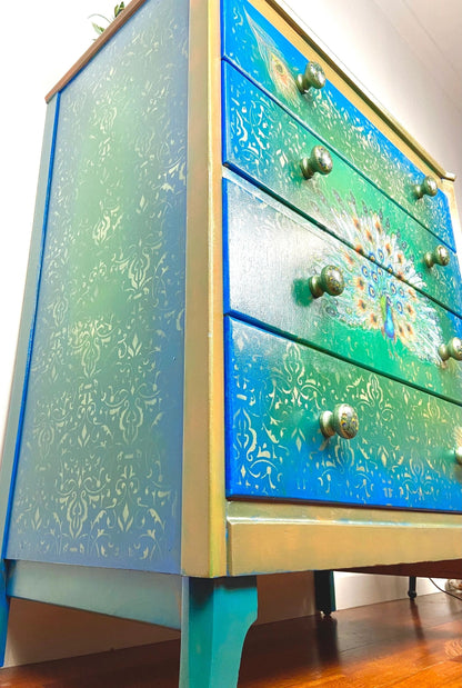 Stunning Ombré finished Stenciled Peacock Chest of drawer from Lebus