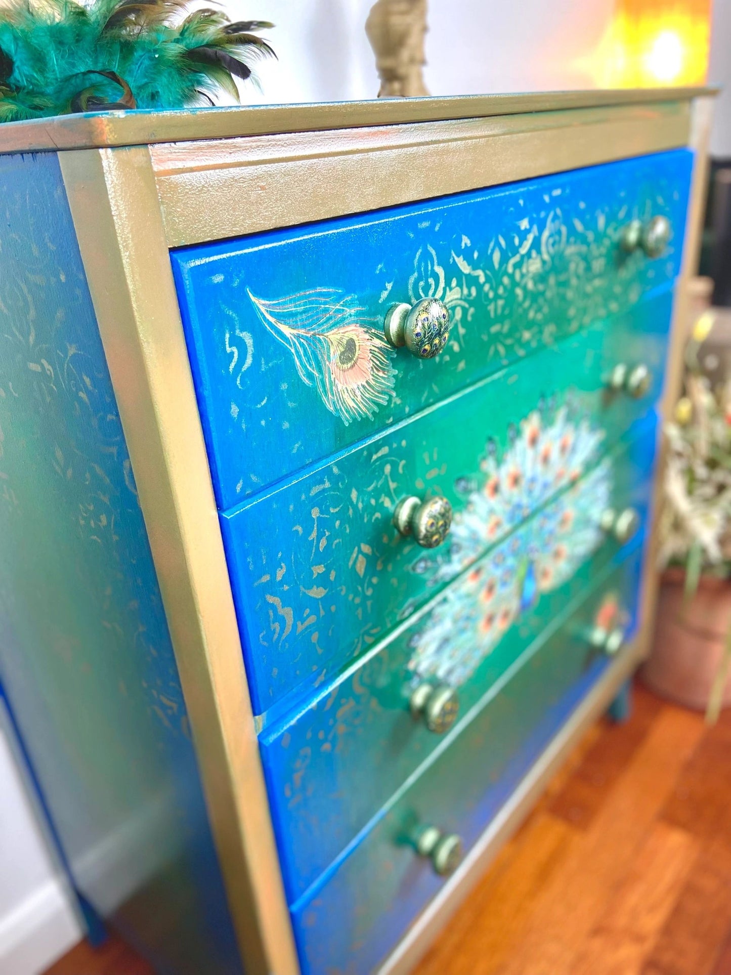 Stunning Ombré finished Stenciled Peacock Chest of drawer from Lebus