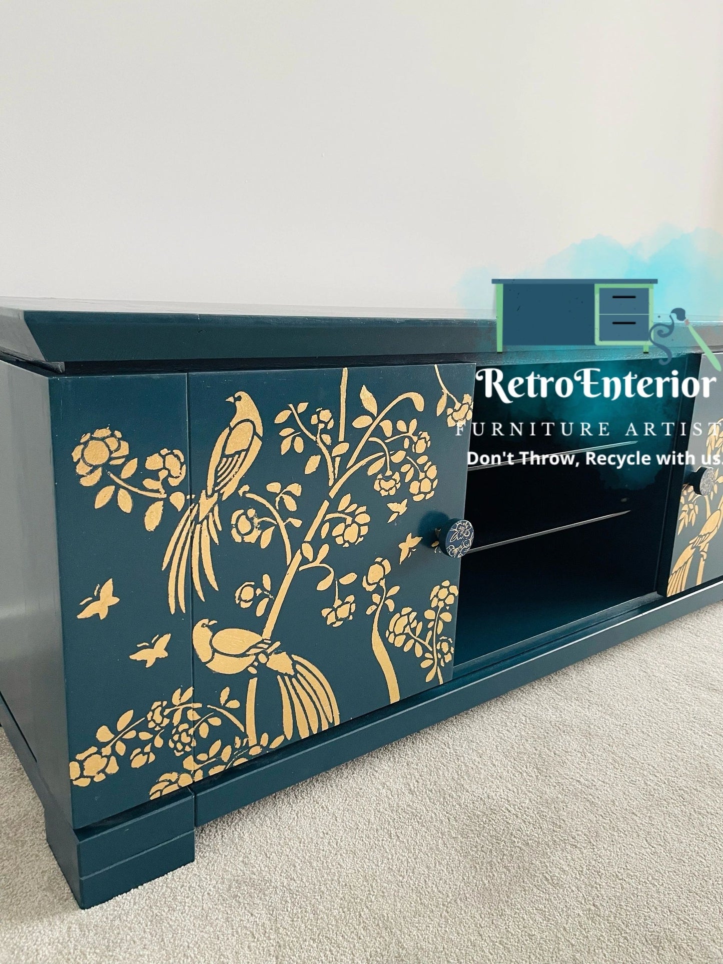 Teal and gold leaf TV Unit, Available for commission