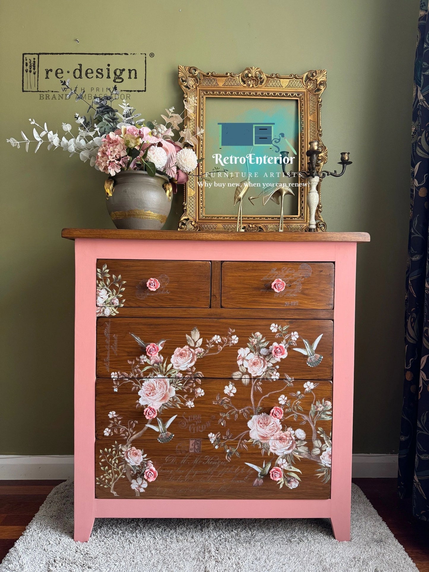 Upcycled Chest of Drawers – Floral Front, Dark Stained Top, Scandinavian Pink Chalk Paint Sides, oak Furniture