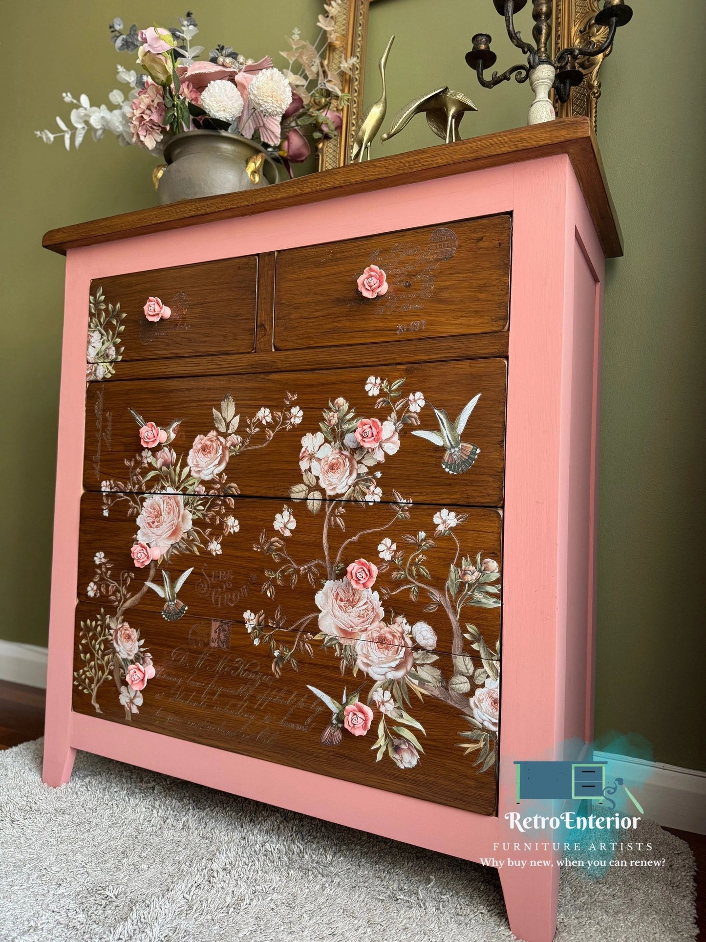 Upcycled Chest of Drawers – Floral Front, Dark Stained Top, Scandinavian Pink Chalk Paint Sides, oak Furniture