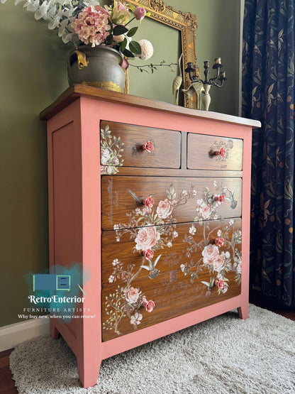 Upcycled Chest of Drawers – Floral Front, Dark Stained Top, Scandinavian Pink Chalk Paint Sides, oak Furniture