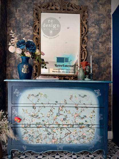 Upcycled French Chest of Drawers – Ombre Blues with Floral & Butterfly Accents