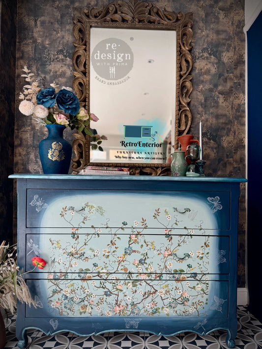 Upcycled French Chest of Drawers – Ombre Blues with Floral & Butterfly Accents
