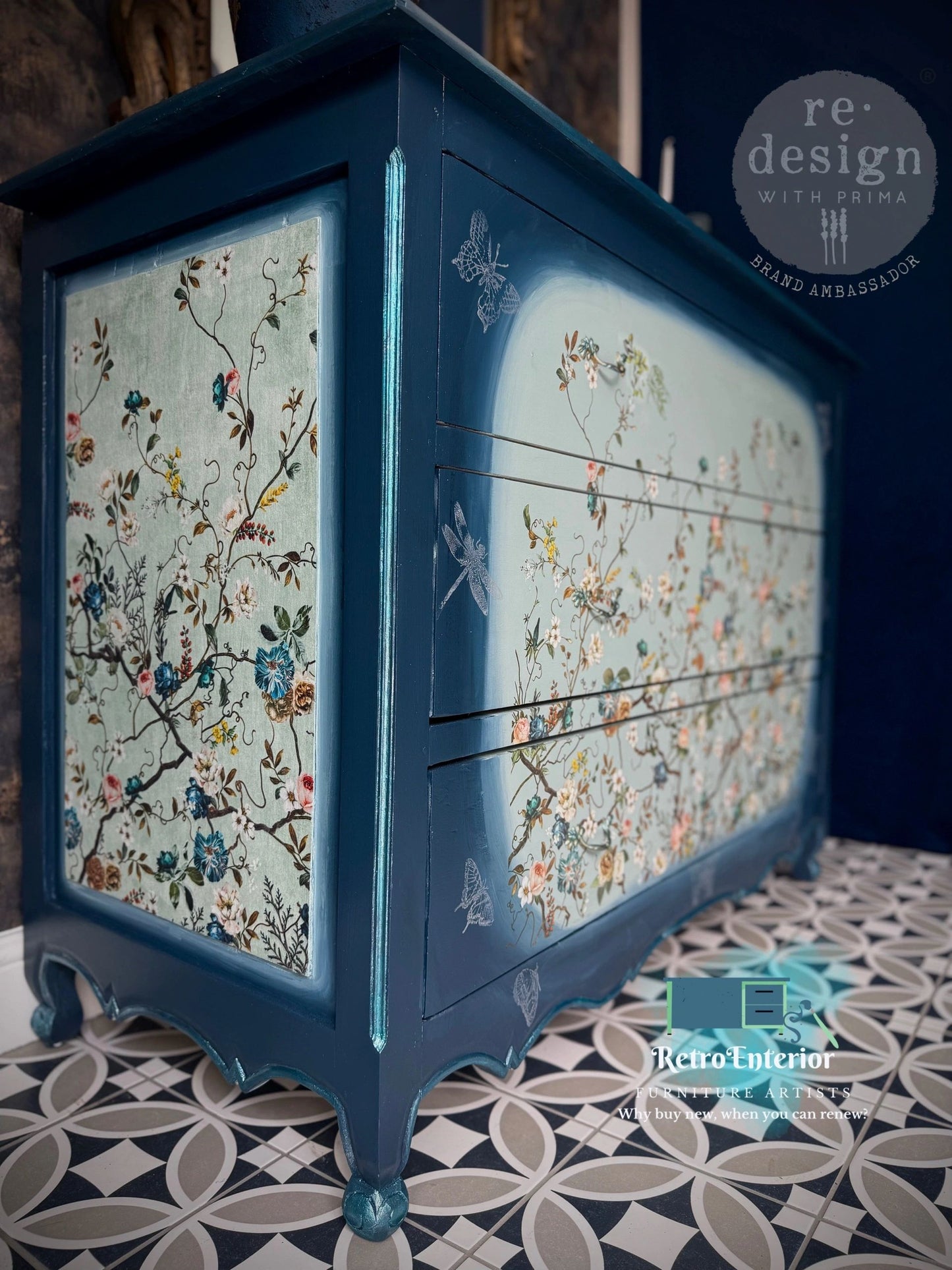 Upcycled French Chest of Drawers – Ombre Blues with Floral & Butterfly Accents