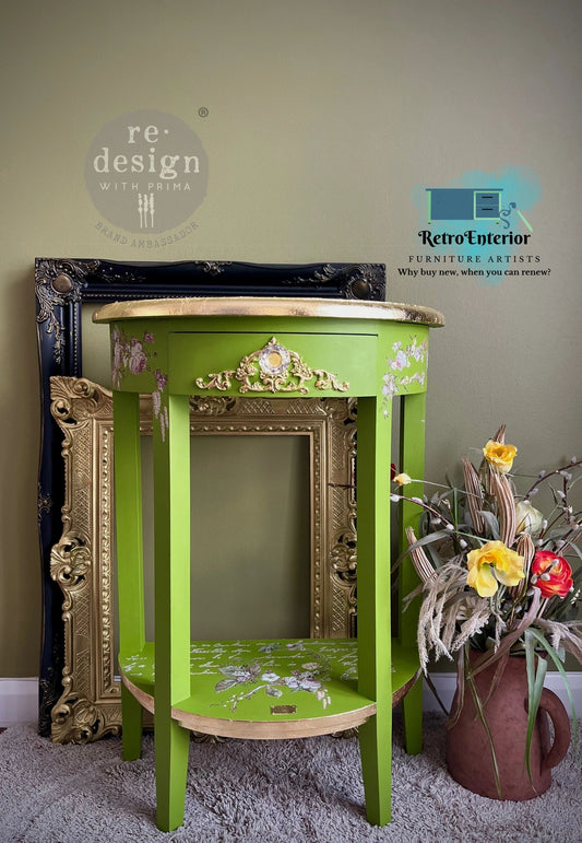 Upcycled Lime Green Console / Side Table with Raised Stencil & Gold Leaf Accents