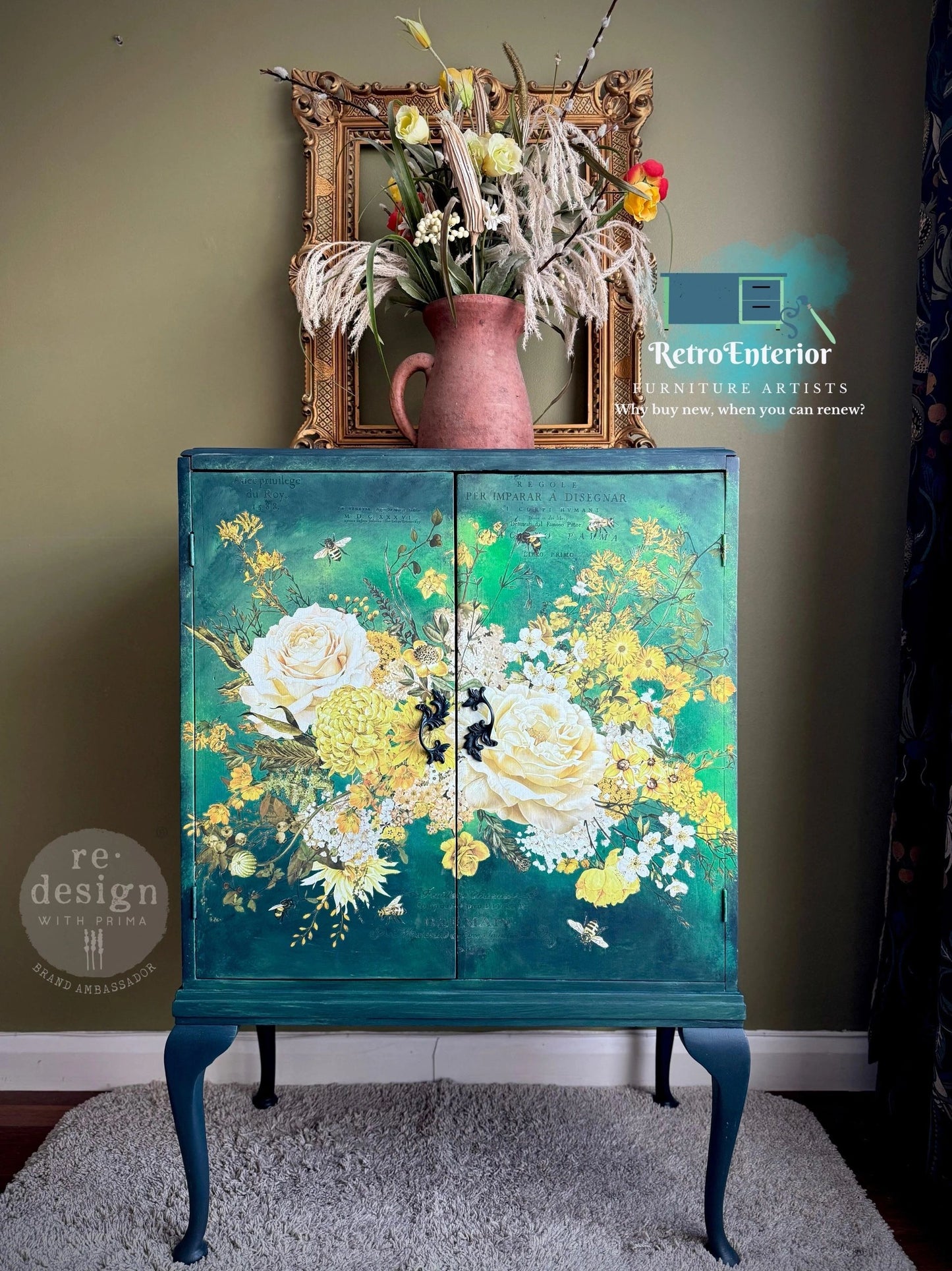 Upcycled Painted Cabinet – French-Inspired Floral Design with Blue, Green & Yellow Color Burst