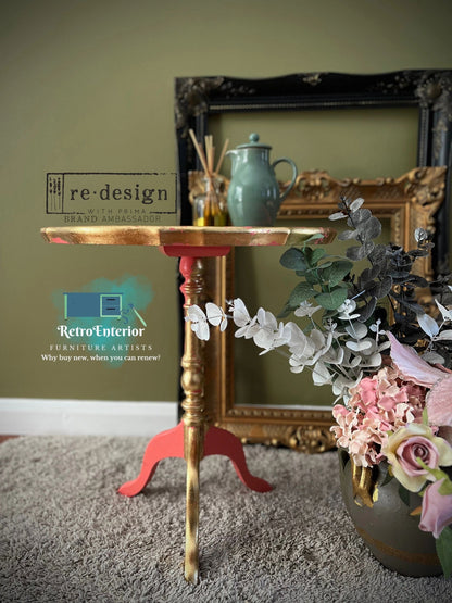 Upcycled Peach Side Table/coffee table/plant stand with Floral & Gold Leaf Details
