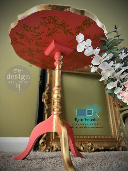 Upcycled Peach Side Table/coffee table/plant stand with Floral & Gold Leaf Details