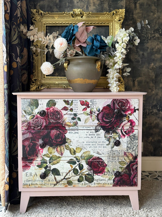 Upcycled Rose Water Pink Chest of Drawers – Vintage Floral Decoupage Dresser | Romantic Cottagecore Furniture
