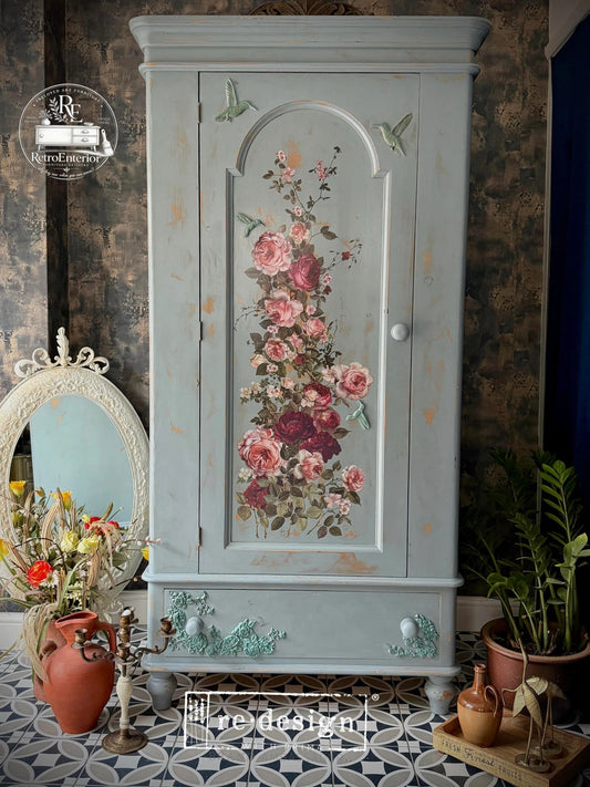 Vintage Floral Wardrobe – Hand Painted Cottagecore Armoire