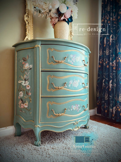 Vintage French Style Green Chest of Drawers | Floral Upcycled Dresser