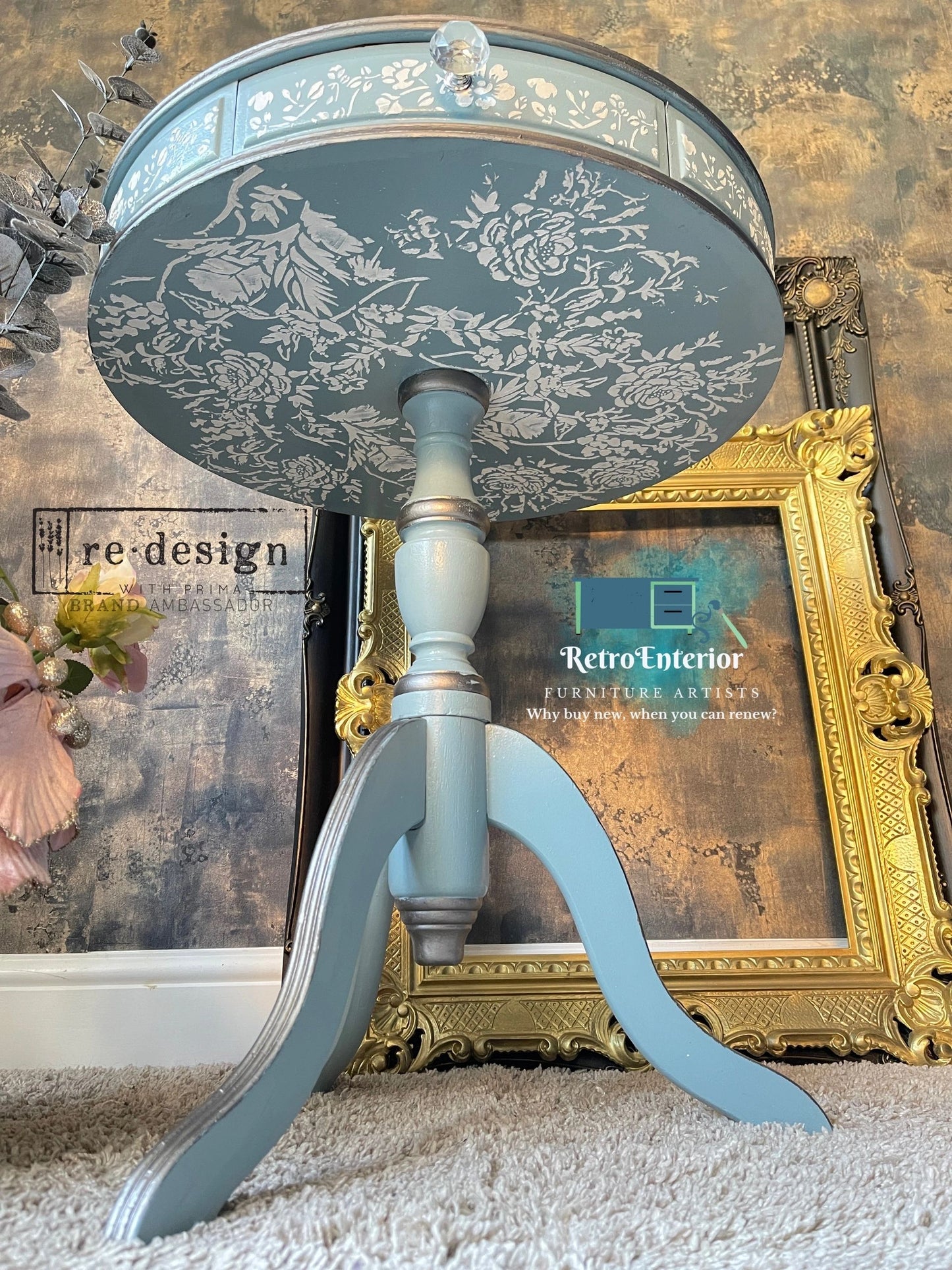 Vintage Round Side Table | Upcycled End Table in Light Blue with Whimsical Floral & Bird Decoupage | Eco-Friendly Painted Accent Table
