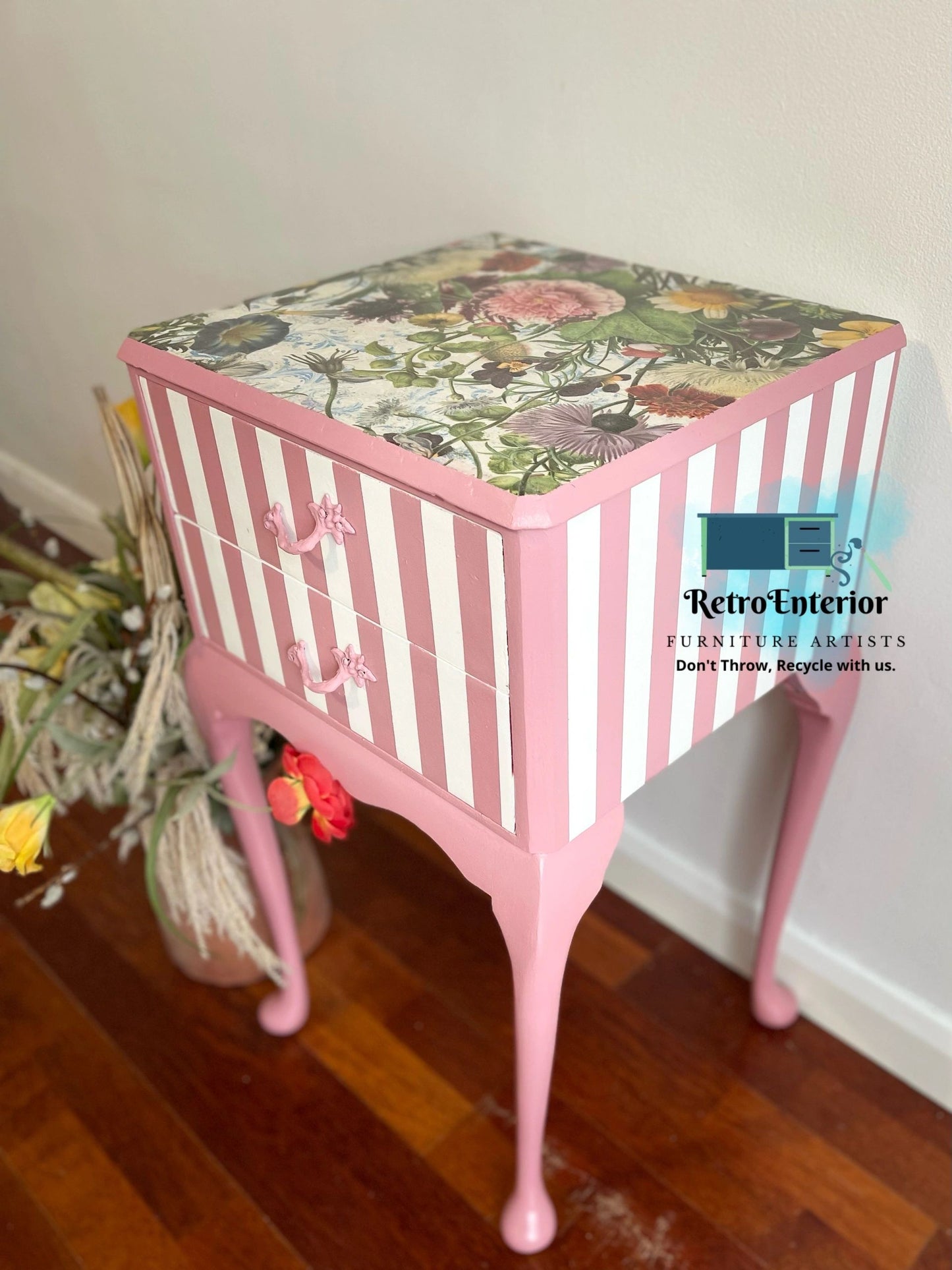 Whimsical inspired botanical top French style bedside table