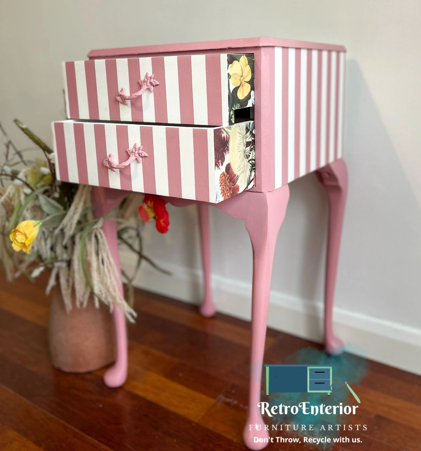 Whimsical inspired botanical top French style bedside table