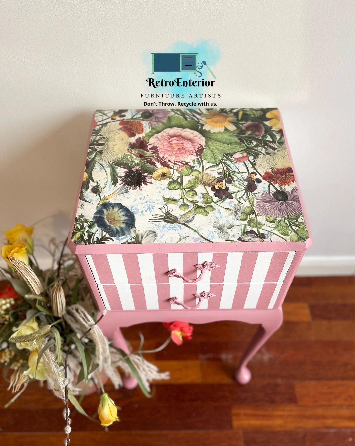 Whimsical inspired botanical top French style bedside table