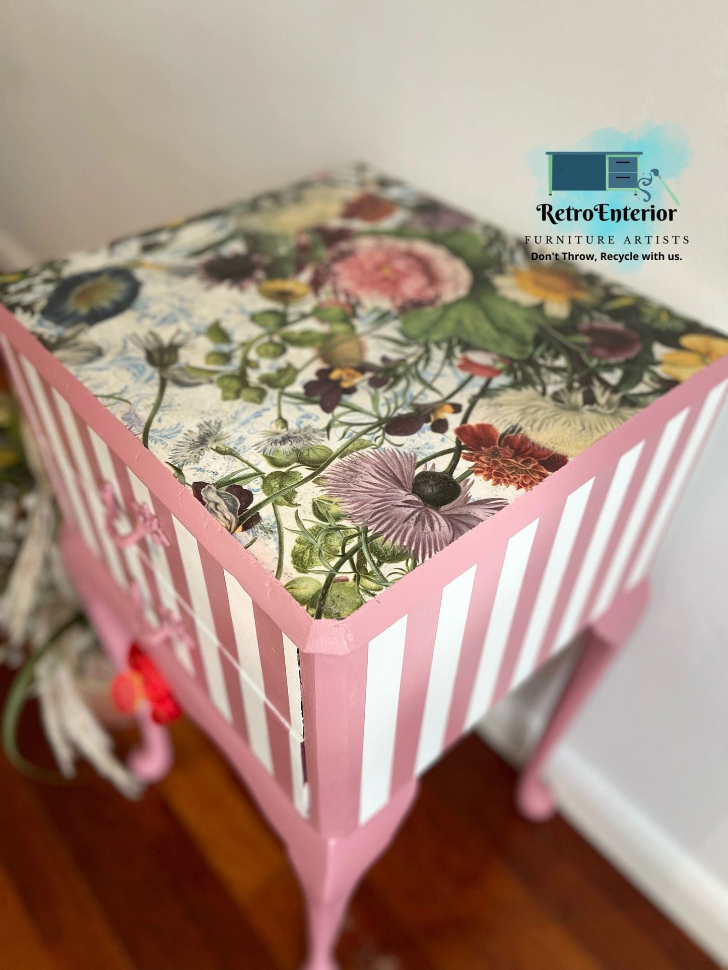 Whimsical inspired botanical top French style bedside table