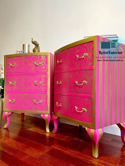 Whimsical Pink and Gold pair of bedside tables