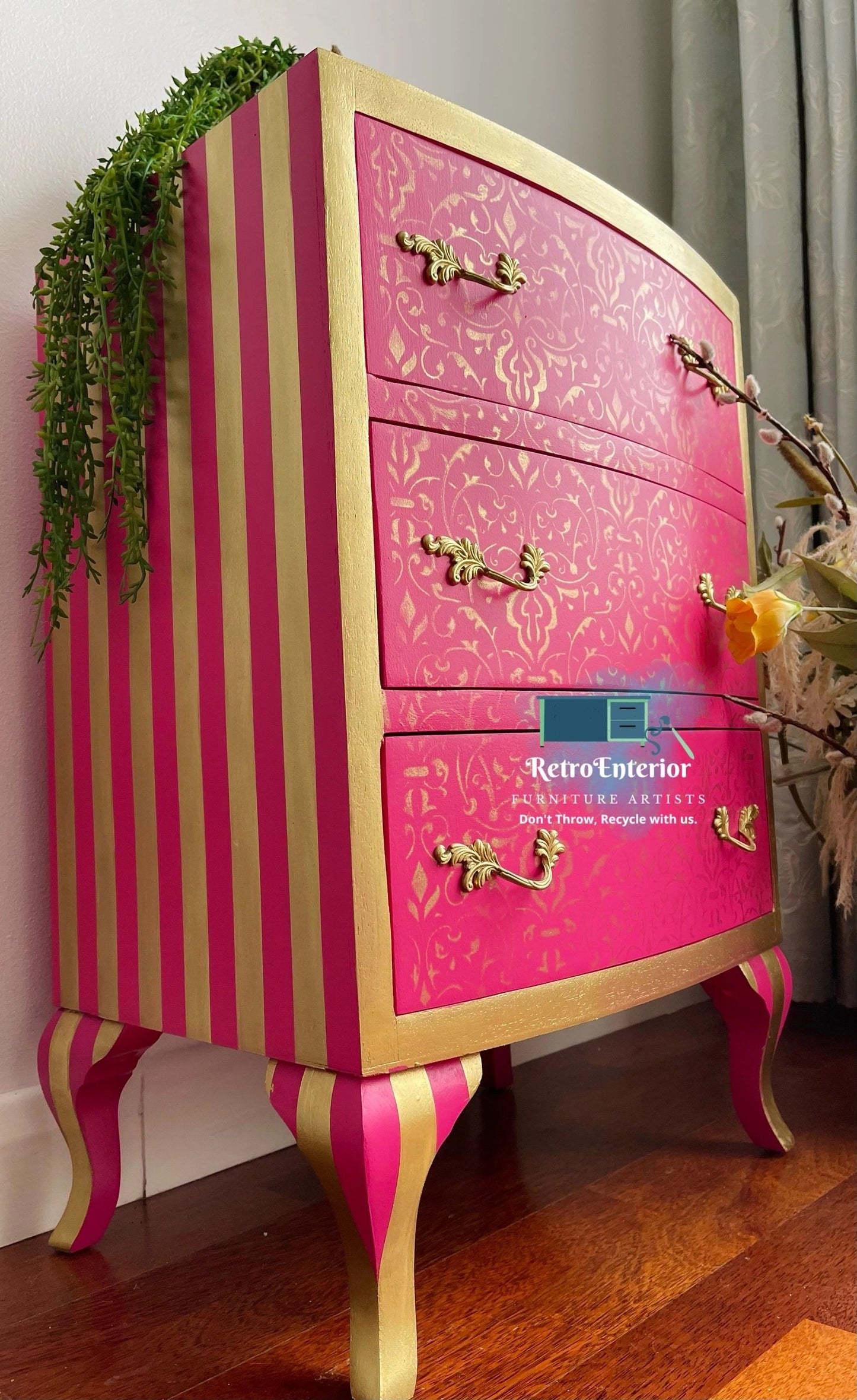 Whimsical Pink and Gold pair of bedside tables