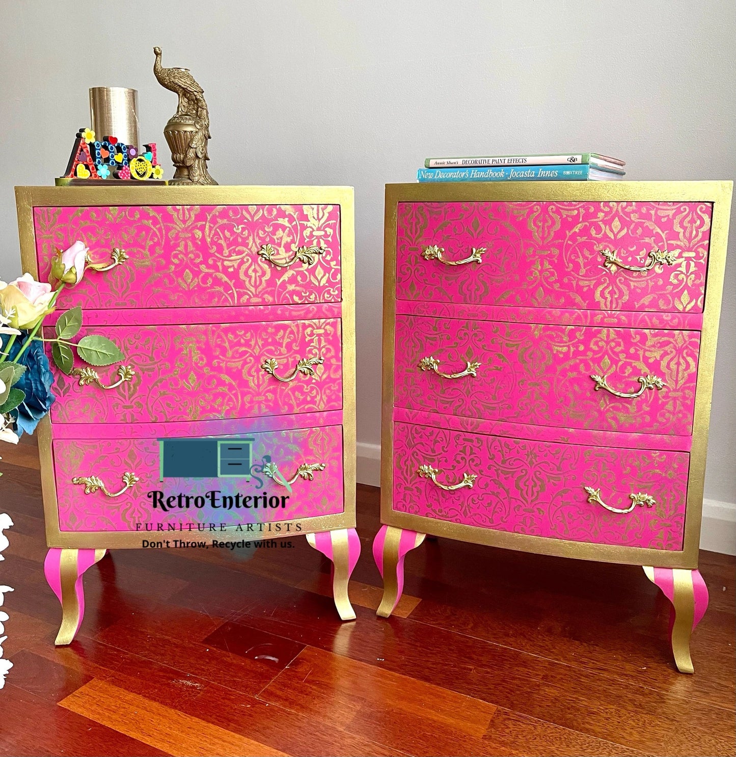 Whimsical Pink and Gold pair of bedside tables