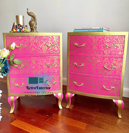 Whimsical Pink and Gold pair of bedside tables