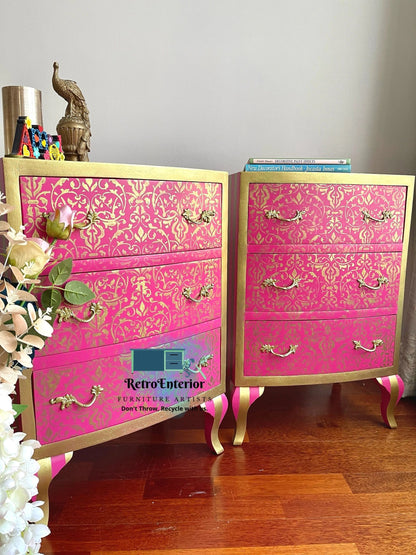 Whimsical Pink and Gold pair of bedside tables