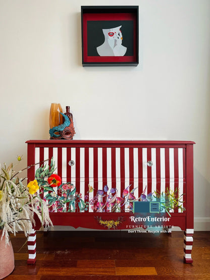 Whimsical Rustic Red Chest of drawers/low oak dresser.