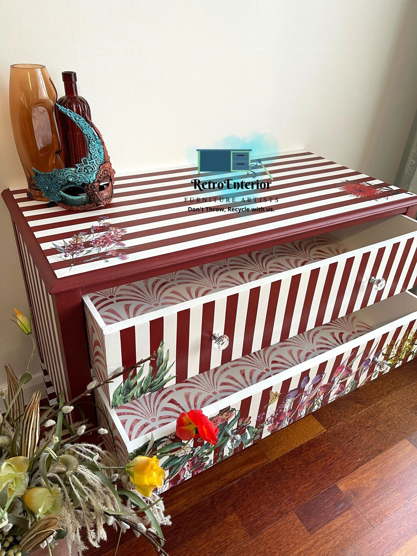 Whimsical Rustic Red Chest of drawers/low oak dresser.