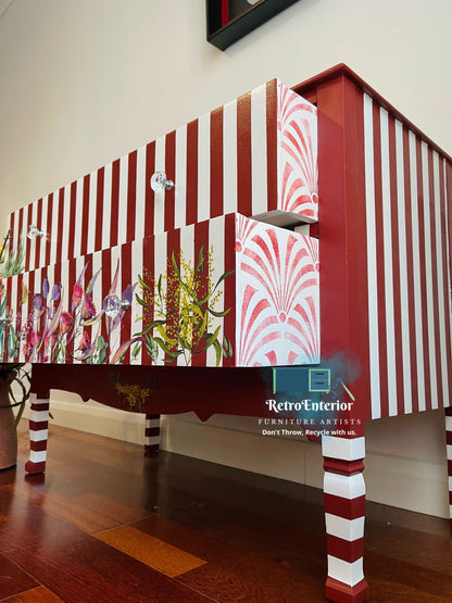 Whimsical Rustic Red Chest of drawers/low oak dresser.