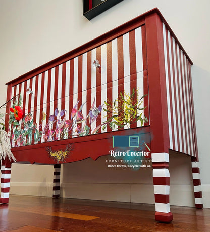 Whimsical Rustic Red Chest of drawers/low oak dresser.