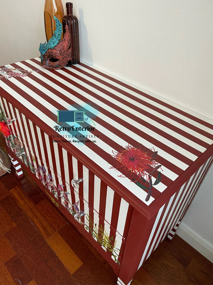 Whimsical Rustic Red Chest of drawers/low oak dresser.