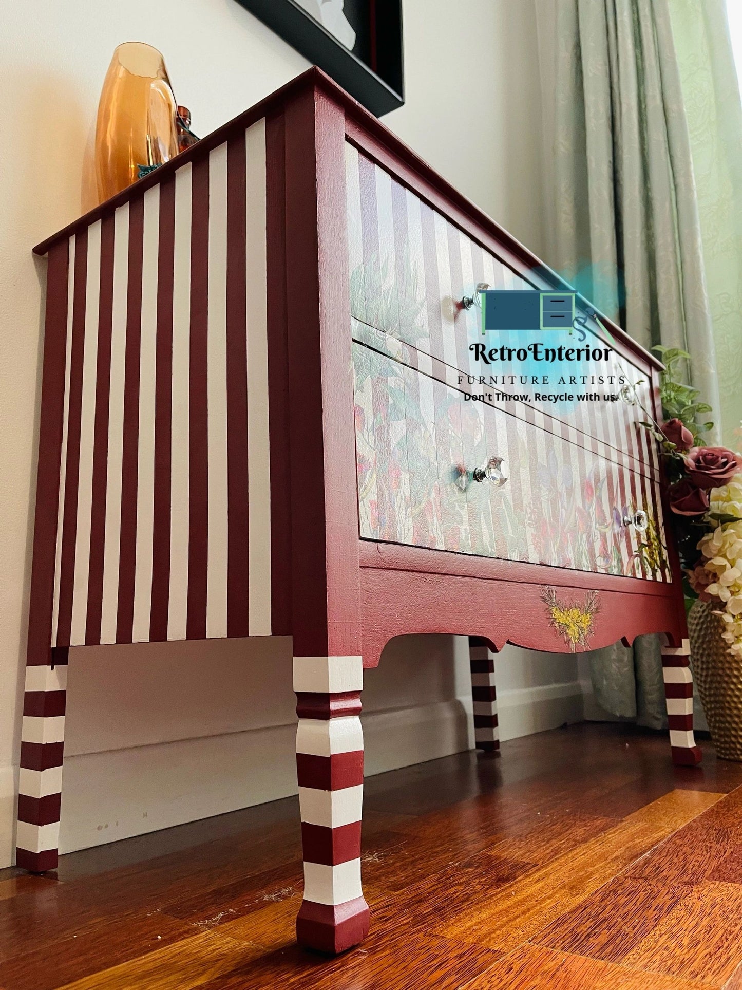 Whimsical Rustic Red Chest of drawers/low oak dresser.